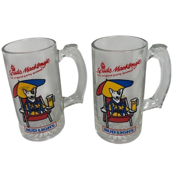 VTG 1987 Spuds Mackenzie on the Beach Bud Light Glass Beer Mug - Set of 2 - Picture 1 of 6